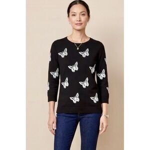 Talbots Crewneck Sweater MP Black White Butterflies Overall Print Spring Preppy